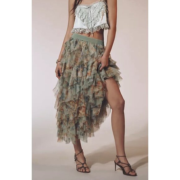 NWT Size XL-Anthro The Chéri Ruffled Tulle Midi Skirt Green Floral (NWT US$ 158) - Picture 5 of 15